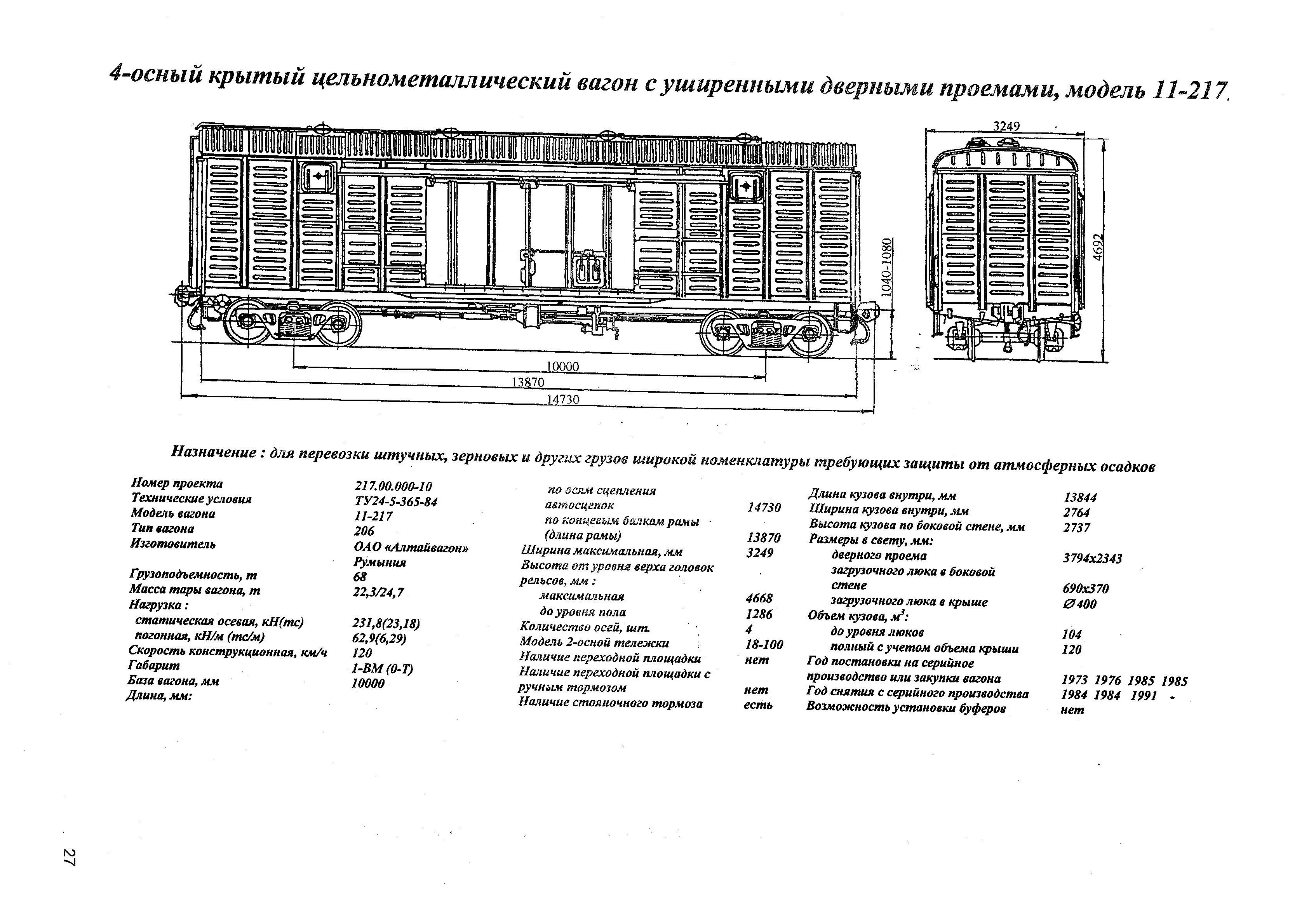 4-осный крытый цельнометаллический вагон с уширенными дверными проемами, модель 11-217